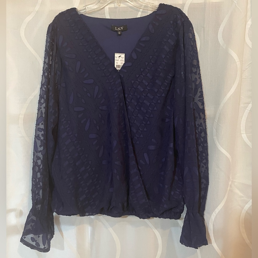 NWT, Beautiful L.N.V Brand Navy Blue dressy blouse.
